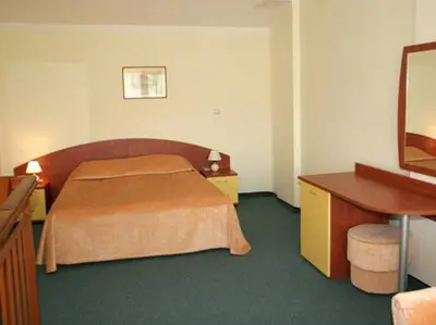 a bedroom with a bed and a desk and a mirror at Hotel Grand in Samokov