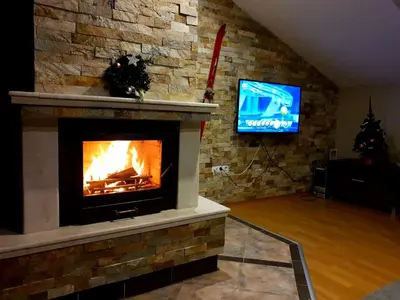 a living room with a fireplace and a tv at Apartments Elegance in Bansko