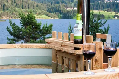 two glasses of wine sitting on a table with a bottle of wine at Divna Forest & Lake House in Dospat