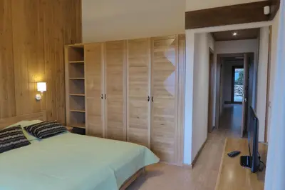 a bedroom with a bed and a tv and wooden cabinets at Pirin Nest Villa in Bansko