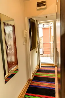 a hallway with a door and a colorful rug at Apartment Leonardo Da Vinci in Plovdiv