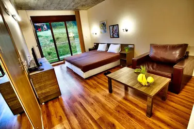 a living room with a bed and a couch at Holiday Home Marta in Dobrevtsi