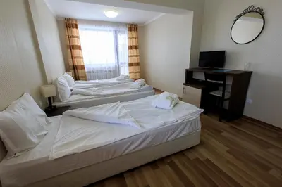 a hotel room with two beds and a mirror at Hotel Nikol in Dolna Banya