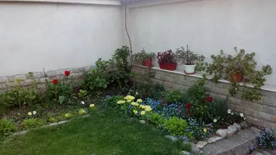 a garden with flowers and potted plants on a wall at Bobekova Kashta in Panagyurishte