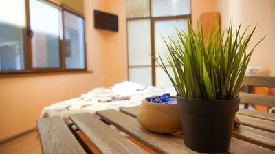 a wooden table with a potted plant on it at Pamir Guest House in Shipkovo