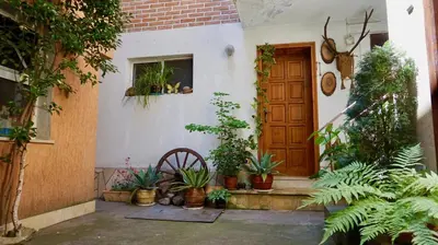 a house with potted plants in front of a door at Pamir Guest House in Shipkovo
