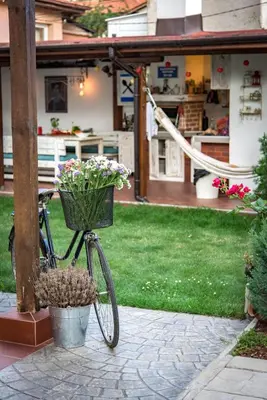 a bike with a basket with flowers in it at The Clock house in Samokov
