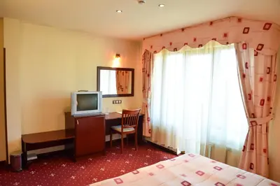 a hotel room with a bed and a desk with a television at Martin Club Hotel in Bansko