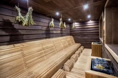 a sauna with a wood paneled wall and a bench at Kashmir Wellness & SPA Hotel Adults Only in Velingrad