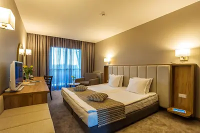 a hotel room with a bed and a desk at Hotel Orlovetz in Pamporovo