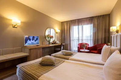 a hotel room with two beds and a television at Hotel Orlovetz in Pamporovo