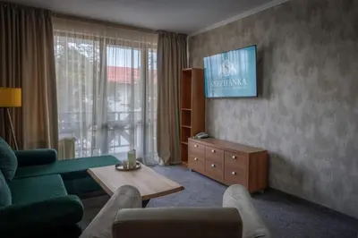 a living room with a couch and a table at Snezhanka Hotel Pamporovo - Half Board & Swimming pool in Pamporovo