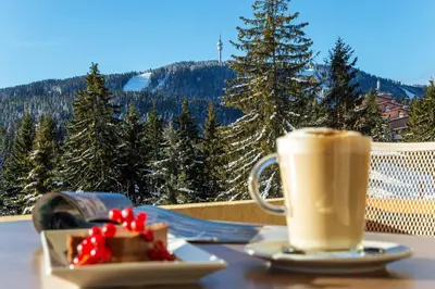 a cup of coffee and a piece of cake on a table at Perelik Hotel in Pamporovo