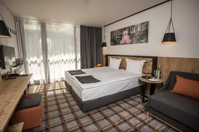 a hotel room with a bed and a couch at Rila Hotel Borovets in Borovets