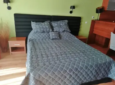 a bedroom with a bed with a gray comforter and pillows at Pirin Place Bansko in Bansko