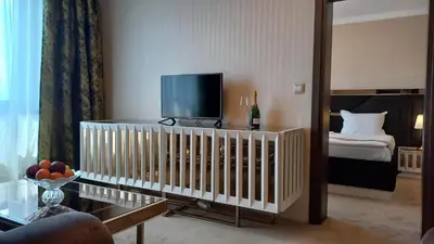 a living room with a television and a bed at Astoria Grand Hotel in Sofia