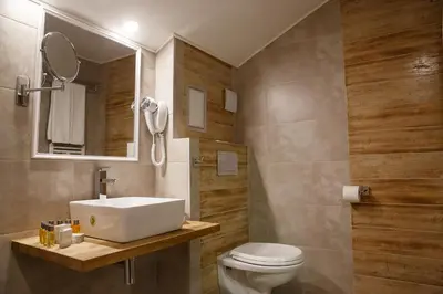 a bathroom with a sink and a toilet at Hotel Casa Karina Bansko - Half Board & All Inclusive in Bansko