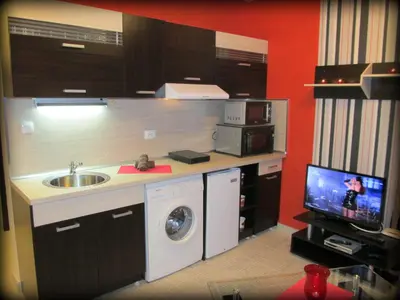 a kitchen with a sink and a washing machine at Apartments Vasil Levski in Plovdiv