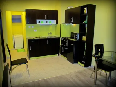 a kitchen with black and green cabinets and a sink at Apartments Vasil Levski in Plovdiv
