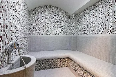 a bathroom with a shower with a tub and tiles at White House in Ognyanovo
