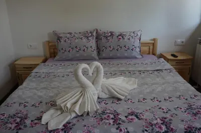 two towel swans sitting on top of a bed at Guesthouse Juli in Sapareva Banya