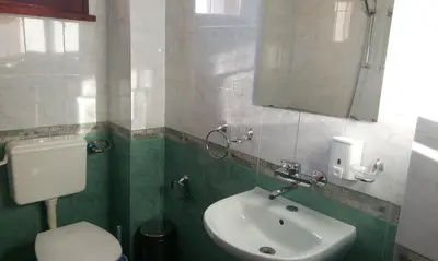 a bathroom with a sink and a toilet and a mirror at Guest House Lorian in Madzhare