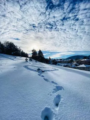 a snow covered field with footprints in the snow at Guest House Lorian in Madzhare