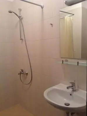 a bathroom with a sink and a shower with a mirror at Apartment Sredetz in Sofia