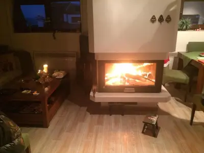 a fireplace in a living room with a fire in it at Mountain Paradise 4 Apartments in Bansko