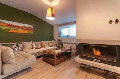 a living room with a couch and a fireplace at Mountain Paradise 4 Apartments in Bansko