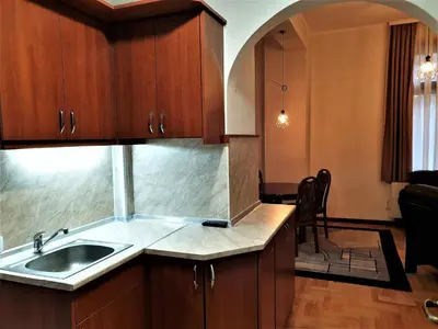 a kitchen with wooden cabinets and a sink at СКЕРЦО SkerZZo Guest House in Plovdiv