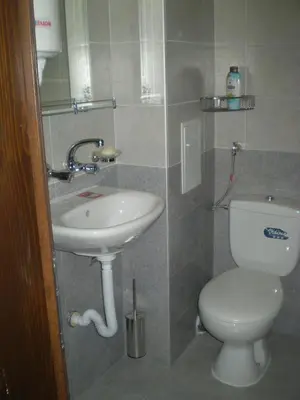 a small bathroom with a toilet and a sink at Studio Manushev in Sandanski