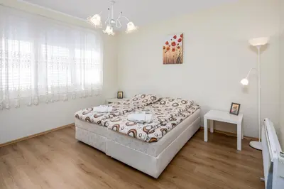 a bedroom with a bed in a white room at Apartments Ivadoni in Velingrad