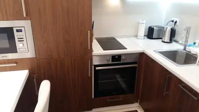 a small kitchen with a stove and a sink at Lozenets Apartment in Sofia