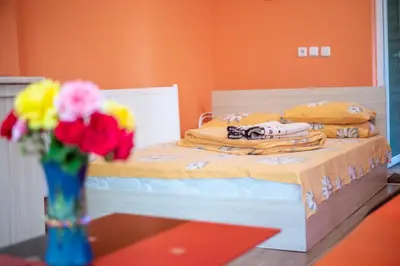 a bed with a vase of flowers on a table at Danailovi Guest House in Sapareva Banya