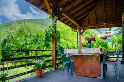 a porch with a table and chairs and a view at Danailovi Guest House in Sapareva Banya
