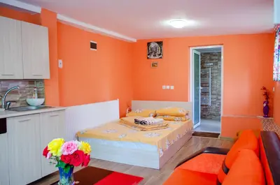 a room with a bed and a kitchen with orange walls at Danailovi Guest House in Sapareva Banya