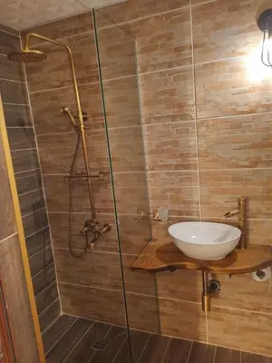 a bathroom with a sink and a shower at Villa Lyutovi Holiday Home in Koprivshtitsa