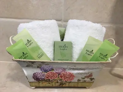 a basket filled with towels and toilet paper at Family Hotel Agoncev in Sofia