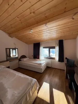 a large room with two beds and a television at Apartments Black Horse in Pamporovo
