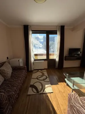 a living room with a couch and a large window at Apartments Black Horse in Pamporovo