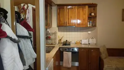 a small kitchen with wooden cabinets and a stove at Manastira 2 apt Emo Pamporovo in Pamporovo