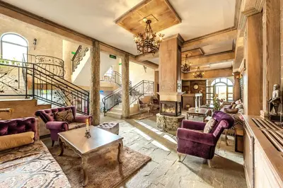 a living room with purple furniture and a fireplace at Royal Valentina Castle in Ognyanovo
