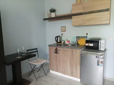 a kitchen with a counter and a sink and a microwave at Central Studio Maritsa in Plovdiv