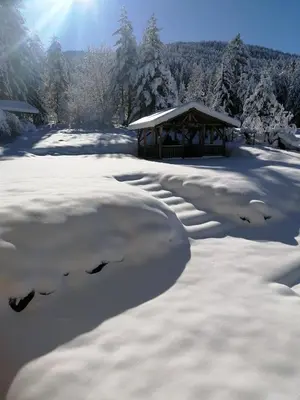a snow covered yard with a gazebo at Бунгала Говедарци in Govedartsi