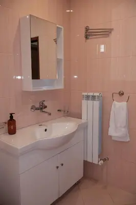 a bathroom with a white sink and a mirror at Valevitsata Guesthouse in Razlog