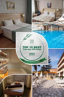a collage of photos of a hotel with a pool at Balneo & SPA Hotel Aura in Velingrad