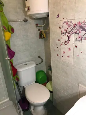 a bathroom with a toilet and flowers on the wall at Apartment Lili in Blagoevgrad