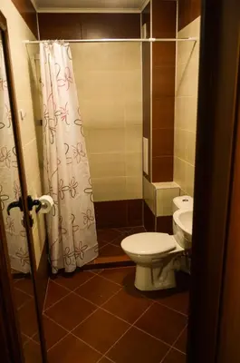 a bathroom with a toilet and a shower curtain at Main Street Apartment in Sandanski