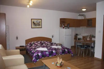 a bedroom with a bed and a kitchen with a table at Studio Moni in Pamporovo